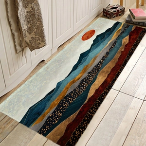 Abstract mountain flannel floor mat with sun design for bathroom and living room decor