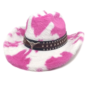Pluche cowboyhoed met roze en witte koeienprint en metalen stierkop detail