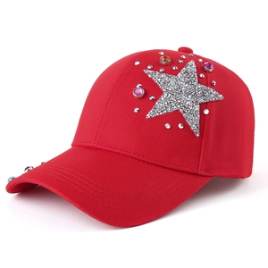 Stylish red baseball cap for women with silver glitter star and colorful rhinestones