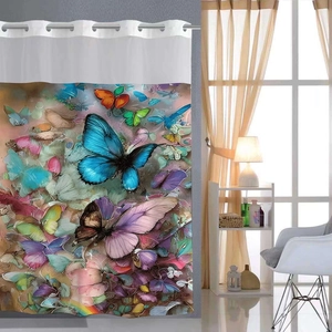 Waterproof shower curtain with colorful butterfly print and metal grommets for bathroom