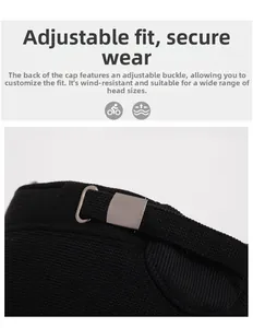 Detail of adjustable metal buckle on black winter cap for custom head size fit