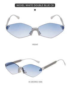 Macro detail of rimless diamond sunglasses with blue gradient lenses and rhinestone bridge