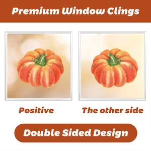 Detailed view of double-sided pumpkin window clings for festive autumn glass decoration