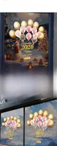 Detail of 2026 Happy New Year gold and pink balloon static stickers on glass window
