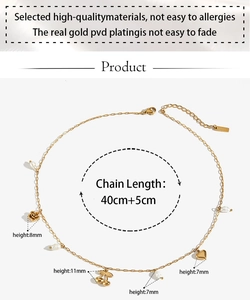 Detailed size chart of a gold pearl necklace featuring cherry and rose flower charms