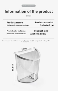Detailed dimensions of the wall-mounted PET kitchen trash can with 29cm width and transparent finish
