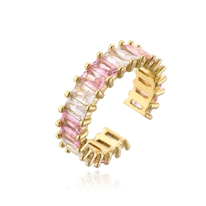 Detail of gold-plated open ring with pink and white rectangular zircon baguette settings