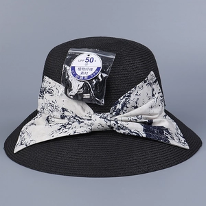 Detailed shot of UPF 50+ sun hat with large blue and white bowknot decoration