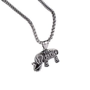 Vintage stainless steel African elephant pendant necklace with textured engraving detail