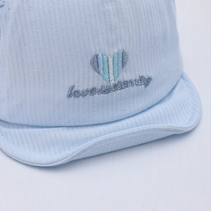 Light blue infant sun hat with heart embroidery and soft brim for sun protection