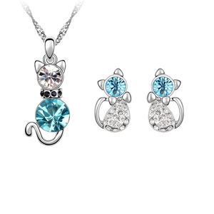 Silver cat jewelry set with blue and white crystals including necklace and stud earrings