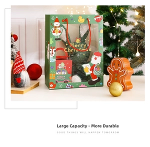 Christmas gift bag with transparent window, plush rabbit toy and red holiday box inside