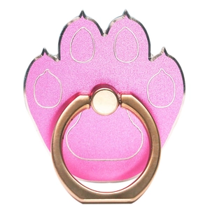 Pink animal paw print phone ring holder with gold metal stand on white background