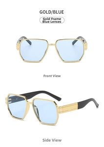 Detailed front and side views of hexagonal gold metal sunglasses with light blue lenses