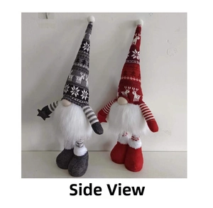 Side profile of a Christmas gnome plush with long striped legs and glowing feature