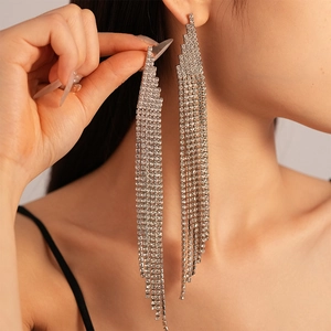 Close-up of long silver rhinestone tassel earrings worn showing elegant draped detail