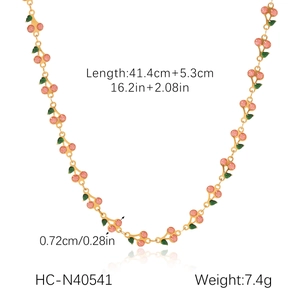 Detail view of pink cherry necklace measurements with size and weight specifications