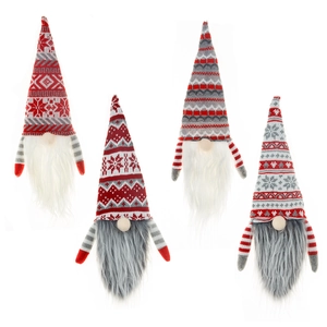 Set of four knitted Christmas gnome wine bottle covers with snowflakes and stripes