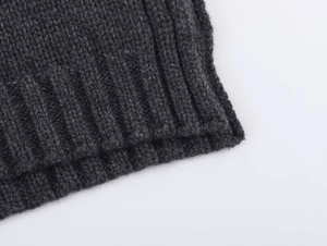 Close-up of dark grey thick knit fabric with detailed ribbing texture on the garment