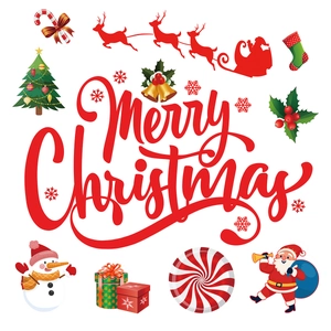 Flat Christmas wall stickers set featuring Merry Christmas text with Santa and reindeer