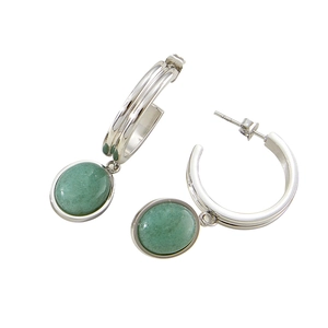 Minimalist silver hoop earrings featuring polished oval green aventurine gemstones