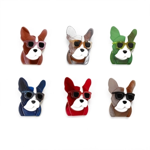 Set of six colorful acrylic French Bulldog pins with sunglasses in various marble textures