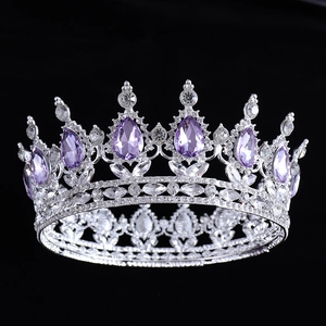 Elegant Baroque silver bridal crown with purple pear-shaped crystals and round clear gems