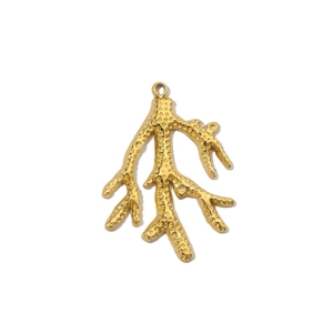 Detailed view of a golden coral branch pendant with textured surface and top hanging ring