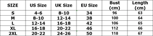 Tabella taglie dettagliata per camicia donna a maniche lunghe con misure EU US UK