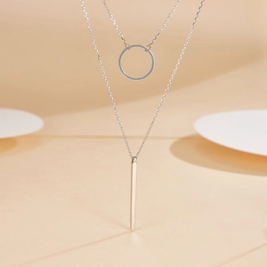 Minimalist S925 sterling silver double layer necklace with circle and bar geometric pendants