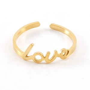 Adjustable 18K gold-plated stainless steel ring featuring an elegant cursive Love design