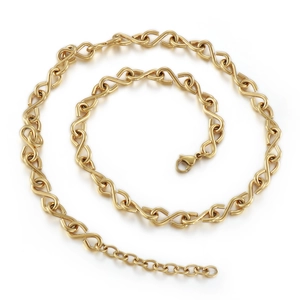 Golden stainless steel infinity link necklace with adjustable lobster clasp on white background