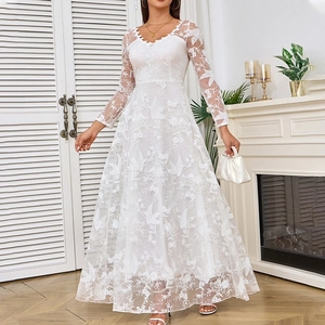 Elegant white long sleeve lace wedding dress with V-neckline and mesh embroidery