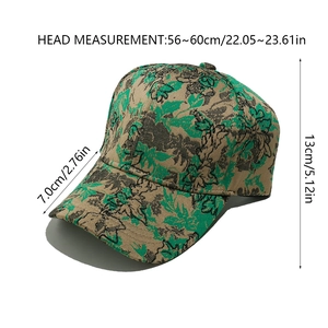 Detail view of floral leaf pattern baseball cap with size specs 56 to 60 cm head girth