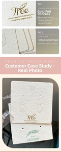 Macro detail of vanilla paper jewelry display card with gold foil texture and logo