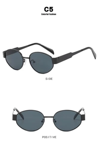 Detail view of oval frame sunglasses in C5 black finish showing side and front angles