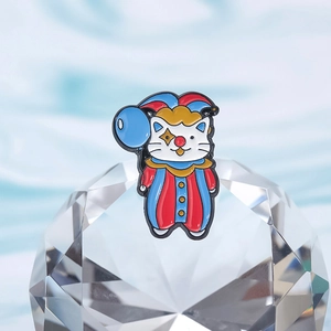Cute enamel cat clown brooch with blue balloon and colorful hat for clothing decor