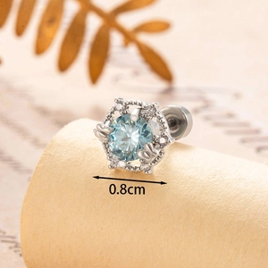 Blue zircon silver geometric stud earring with butterfly detail and 0.8cm screw back