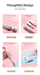 Detail of push-button correction tape with replaceable core and ergonomic pen-style design