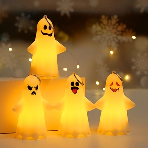 Set of 4 hanging Halloween ghost lanterns with warm LED lights and funny expressions