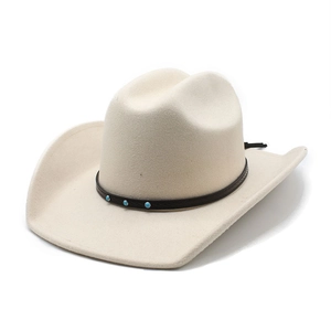 Cream wool jazz hat with 9cm wide brim and brown leather strap with turquoise studs