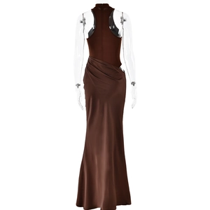 Detailed back view of a brown floor-length satin dress with elegant waist ruching detail