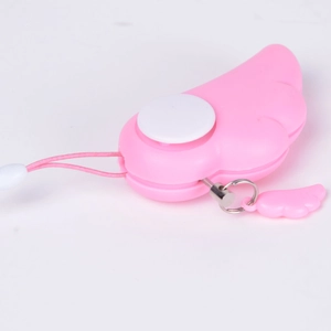 Pink angel wing personal safety alarm with white panic button and matching lanyard