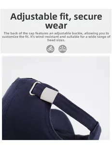 Detail of adjustable metal buckle on navy blue vintage cotton baseball cap for custom fit