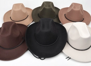 Classic wool felt cowboy hats in six colors with wide brim and rope band detail