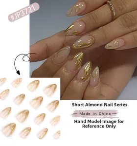 Detail view of JP3721 short almond press-on nails with 3D gold wavy lines and nude base