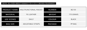 Detailed specifications table for black PU leather punk bag with adjustable straps