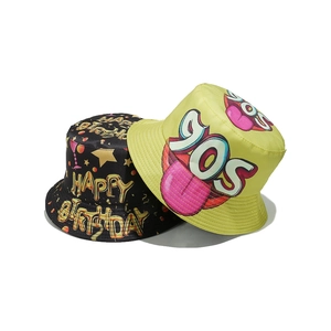 Damen Sommer Anglerhüte mit 90er Print und Happy Birthday Partymustern in Schwarz und Gelb