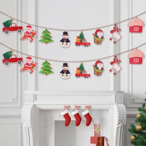 Christmas wooden banner with Santa, reindeer and tree charms for festive wall decor