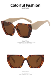 Detailed front and side view of polygon tortoiseshell sunglasses with brown lenses